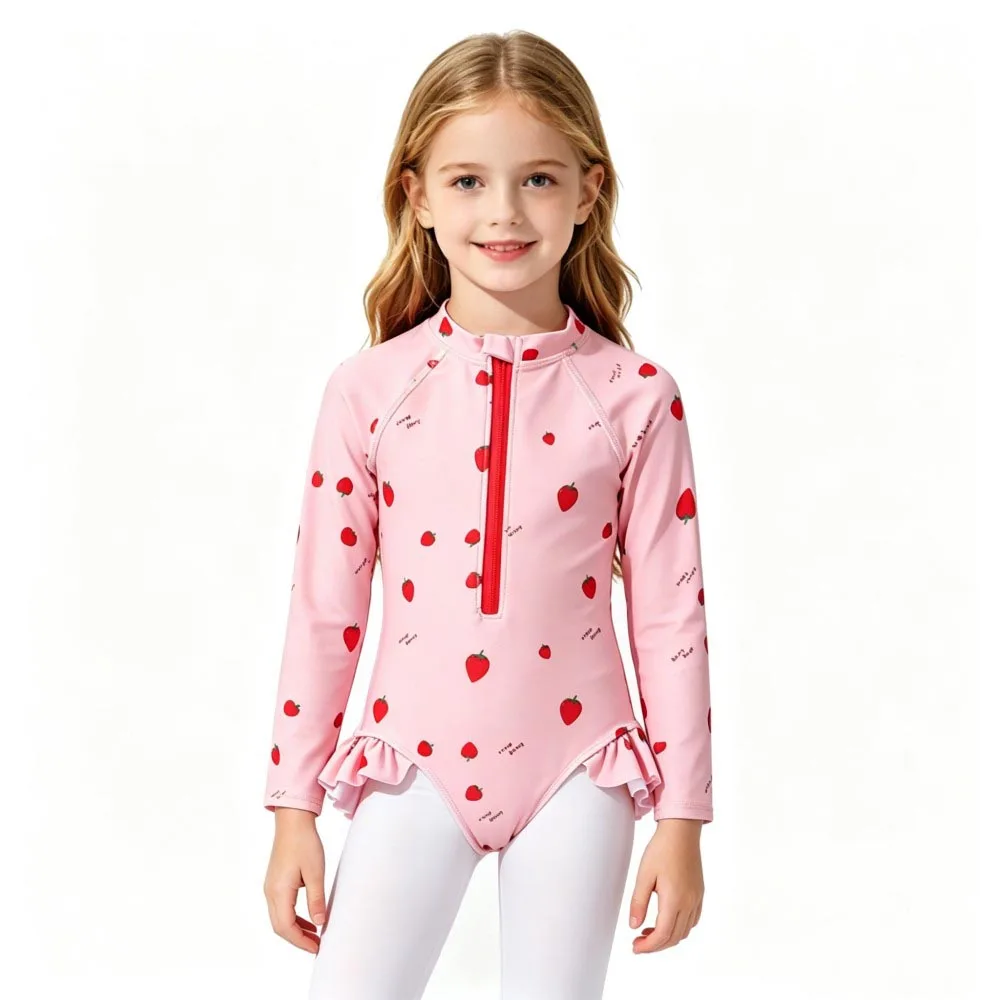 Kids Girls One Piece Swimwear Long Sleeve Front Zip Ruffle Bathing Suit Sweet Cherry Heart Pattern Quick Dry Surfing Rash Guard