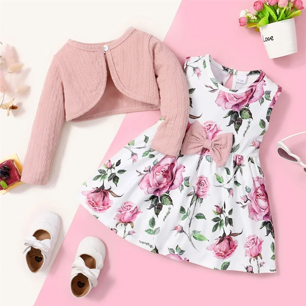 

2PCS Toddler Girl Dress Set Long sleeved Plain Color Overcoat+Floral Sleeveless Dress fashion Party Wear for Infant 0-3 Years