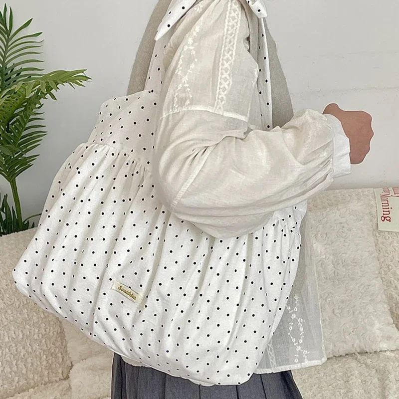 

Pleated Retro Dot Women's Canvas Shoulder Bags Large Capacity Female Underarm Bag Girls Travel Tote Purse Handbags