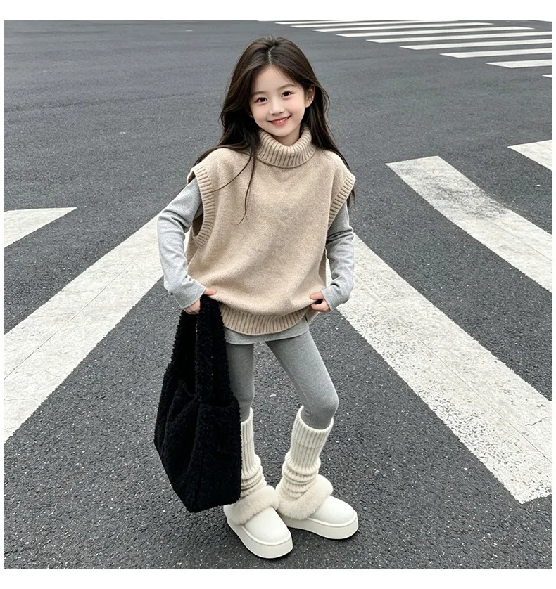 Vest Girls Autumn and Winter 2026 Korean New Khaki Sweater Vest for Middle Aged Children Fashion and Verastile