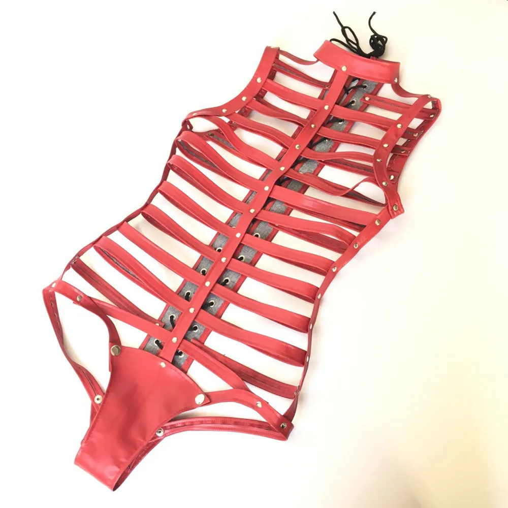 Women Onesie Faux Leather Adjustable Harness With Head Cover Gothic Hollow Lace-up Body Costume Couple Cosplay Games Outfit