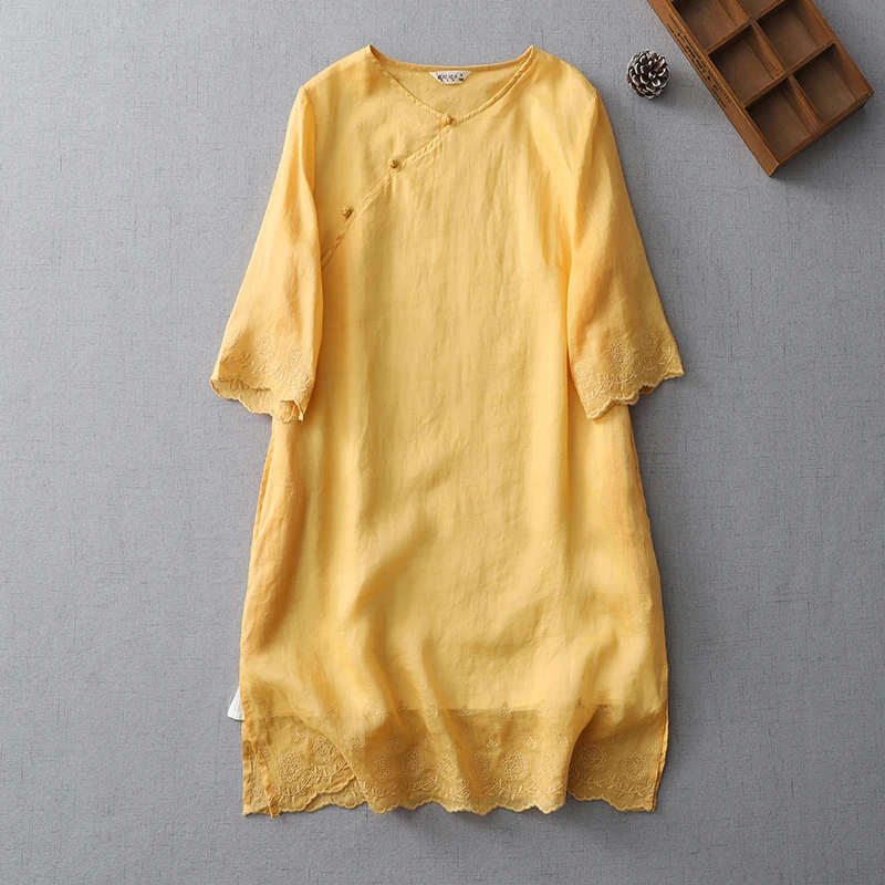 Ming Dynas Sle Longueur Moyenne Brodée Soie irt Chinois Sle Col Oblique Léger Respirant Double L...