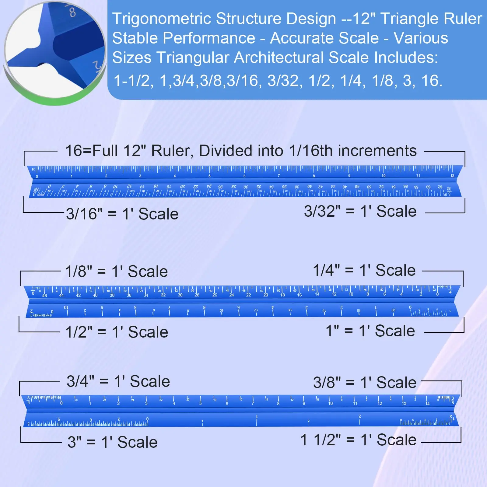 Architectural Scale Ruler, 12'' Imperial Architect Scale, Engineer Scale Ruler for Blueprints, Aluminum Triangle Drafting Ruler