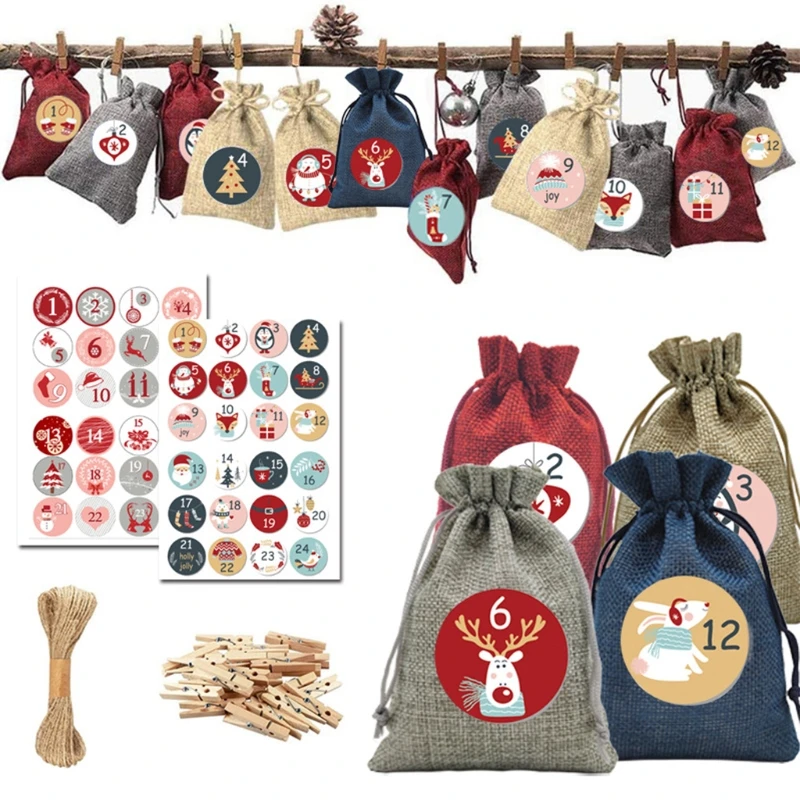 Christmas Advent Calendar Gift Bag Set with 48 Advent Numbers Stickers for DIY Filling Fabric Bag Men Women Children Dropship