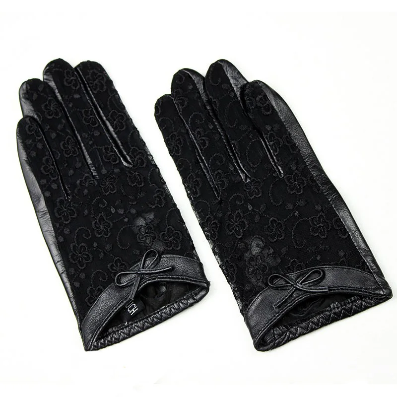 Guantes de piel de oveja con pantalla táctil para mujer, guantes de conductor de cuero finos sin forro con encaje a la moda para primavera y verano,