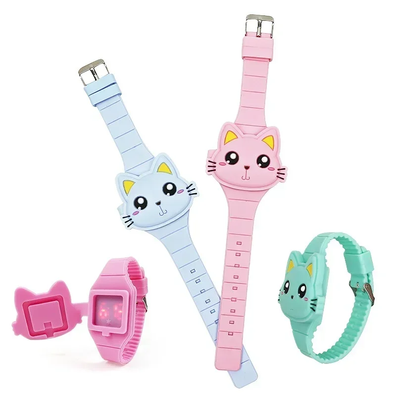 Fashion Kids Watch Cute Cat Shape LED Digital Watches for Girls Boys BPA Free Silicone Band Clamshell Design Children Wristwatch