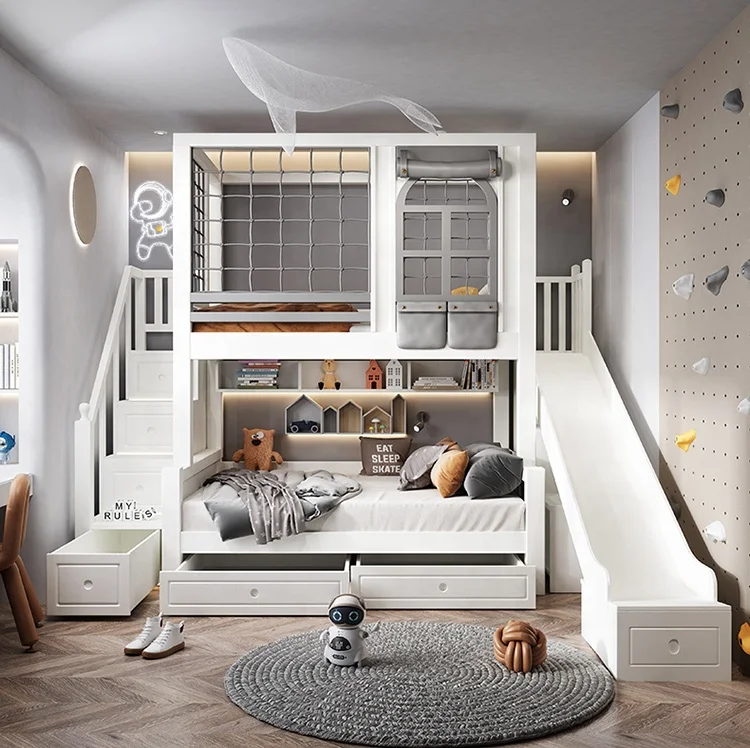 

New Style Girl's Bedroom Eco-friendly Wooden Kids Double Bunk Beds School With Slide Children's Modern White Bunk Beds White