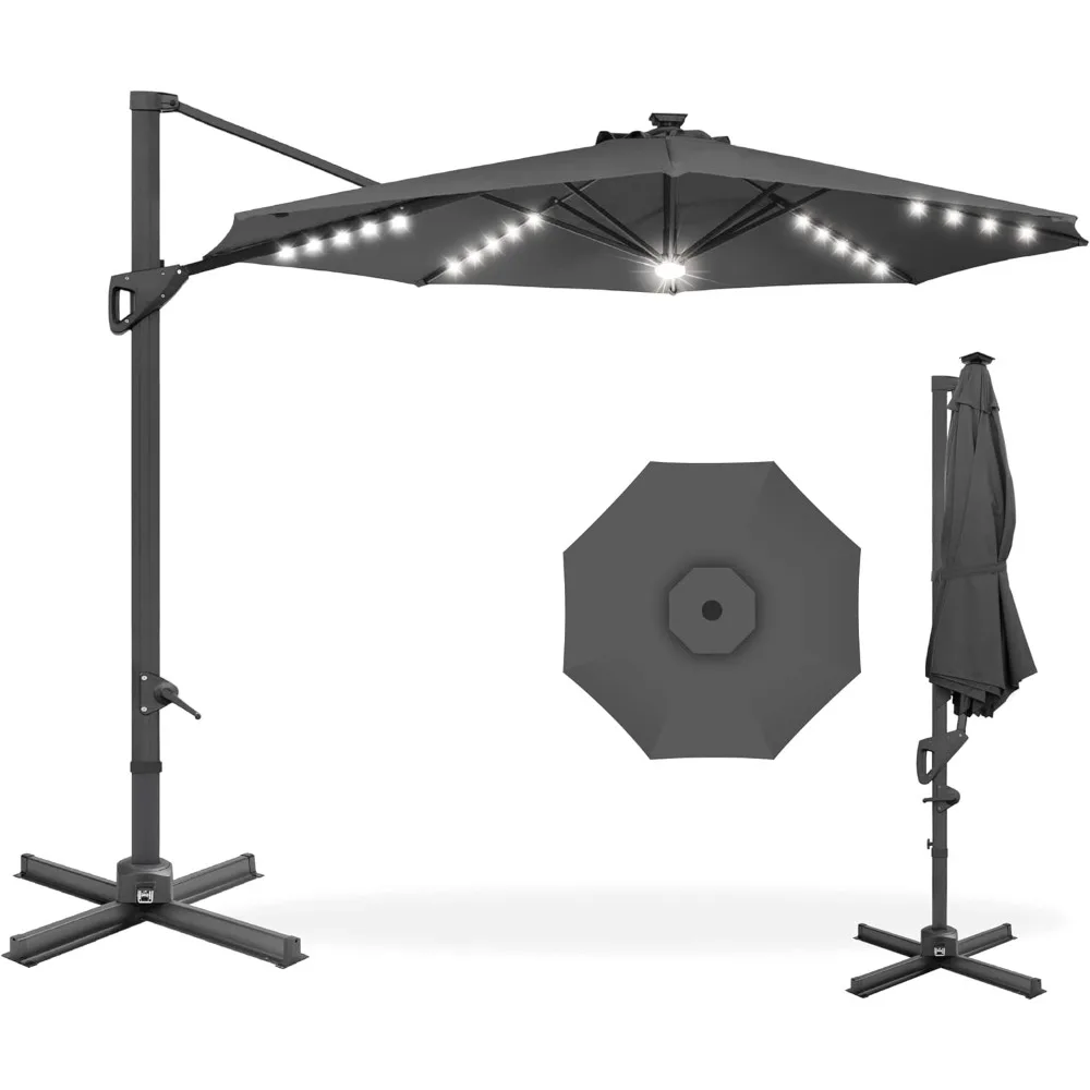 

10ft Solar LED Cantilever Patio Umbrella,360-Degree Rotation Offset Market Outdoor Sun Shade w/Lights,Easy Tilt,Cross Base