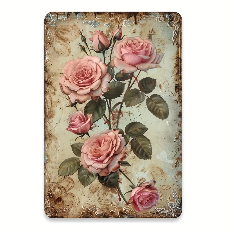 Vintage Floral Metal Tin 8x12 Inch Rustic Rose Wall Art Iron Structure Family Friendly Restaurant Bar Cafe Garage Decor