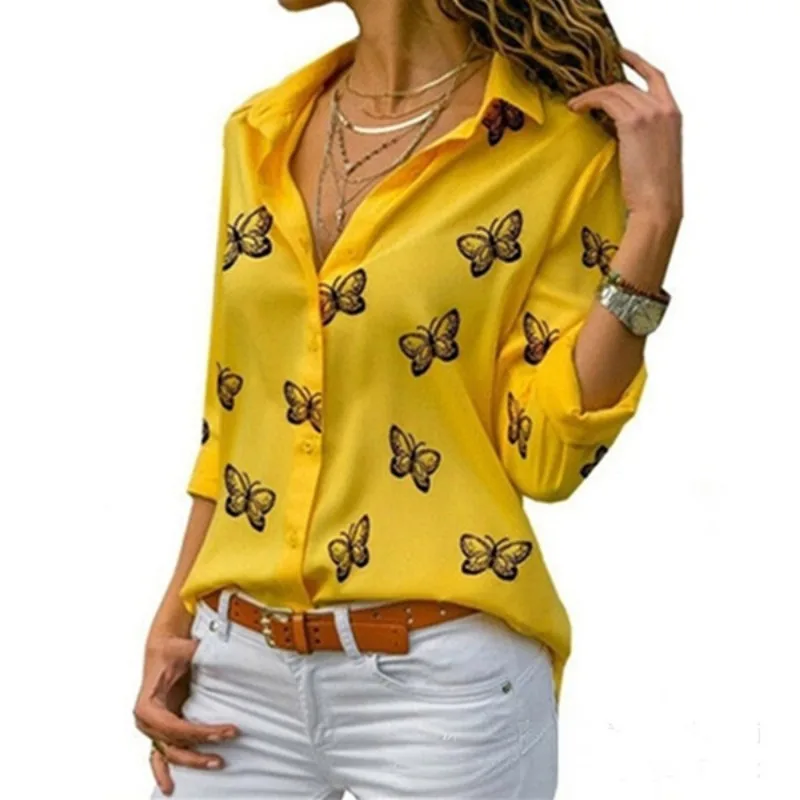 

Women's Fashion Shirt Clothing Loose Lapel Button T-shirt Butterfly Print Open Front Shirt Ladies Elegant Casual Blouses Tops