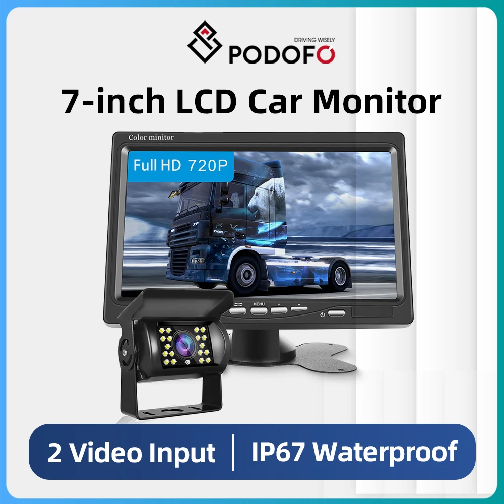 

Podofo Car Monitor DC 12V-24V 7" LCD Screen 4 Pin IR Night Vision Rear View Camera for Bus Truck