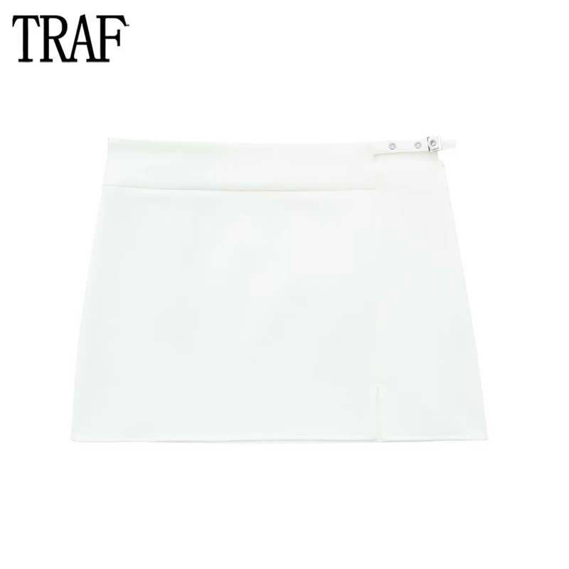 TRAF White Buckle Mini Skirt Women Office High Waist Skirts for Women Summer Slit Women's Skirts Streetwear Short Skirts Woman