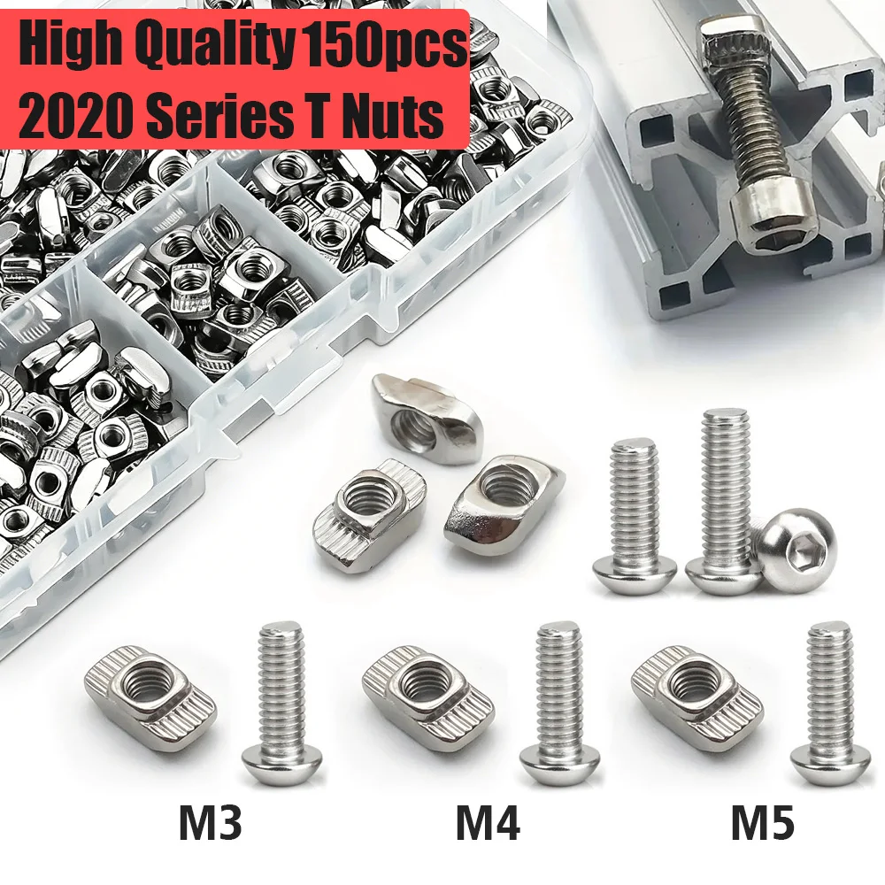 150 Pieces of 2020 European Standard Aluminum Profile T-Slot Bolts and Nuts, Sizes M3/M4/M5