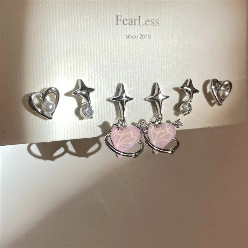 6pcs/set Women Silver Color Y2K Pink Crystal Heart Stud Earring Korean Trendy Punk Sweet Cool Bow Star Earring Aesthetic Jewelry