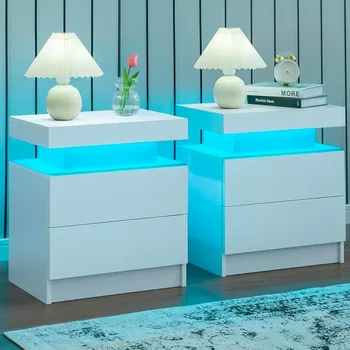 Image Nightstand Set of 2 LED Nightstand with 2 Drawers, Bedside Table with Drawers for Bedroom Furniture, Side Bed Table with LED