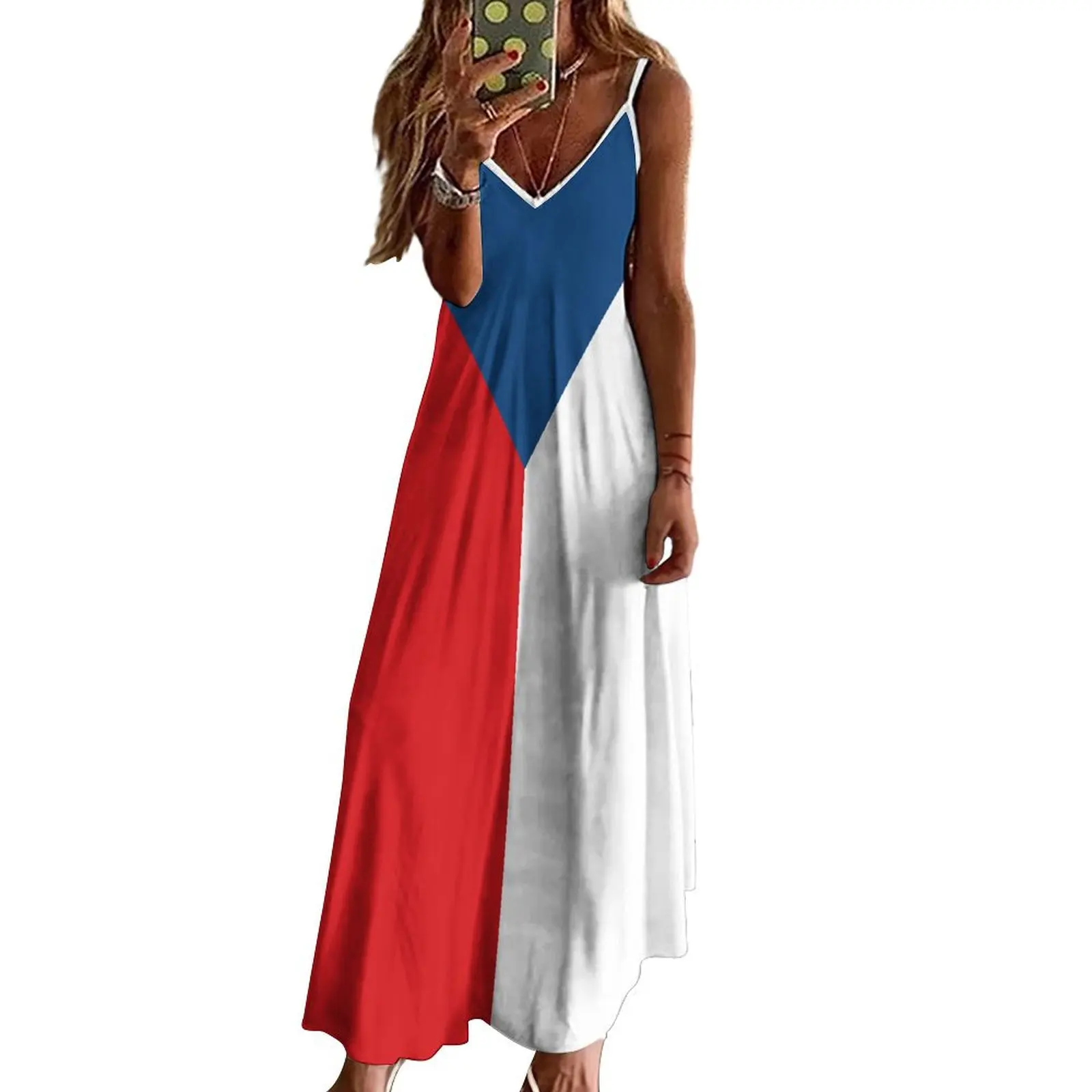 Vestido feminino sem mangas decote em v, vestidos longos, estampa da bandeira da República Tcheca, casual, retrô, novo