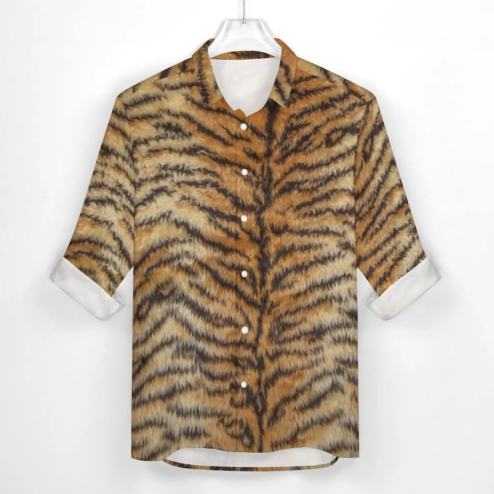 Tiger Print Shirt Men Fur Animal Stripes Casual Shirts Autumn Y2K Custom Blouses Long Sleeve Retro Oversize Clothes Gift