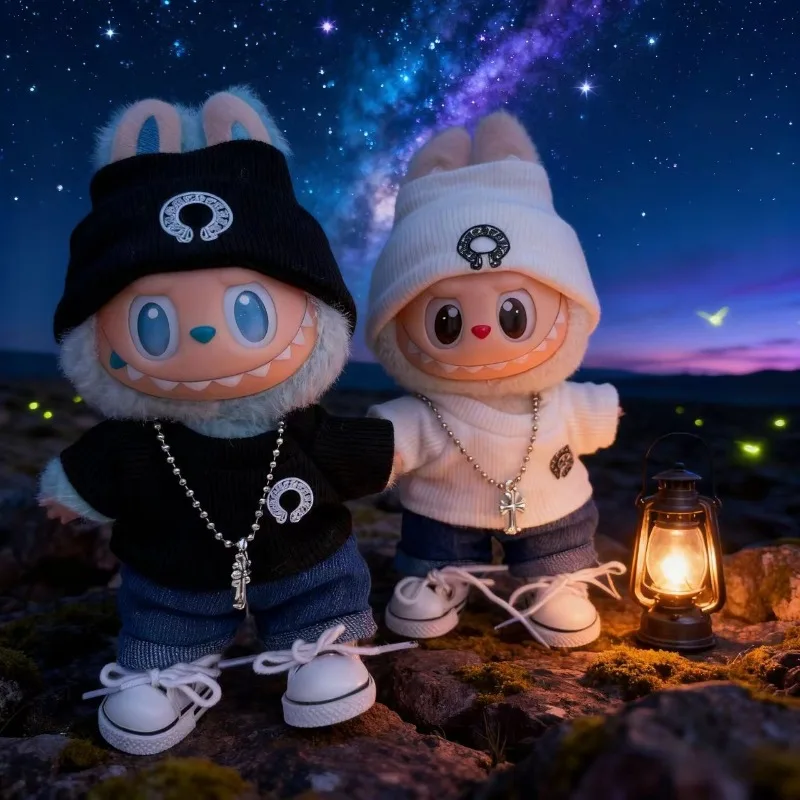 17cm 라부부 인형 의류 럭셔리 패션 트렌드 세트 목걸이 신발 미니 라부부 V1 V2 옷 인형 액세서리 선물