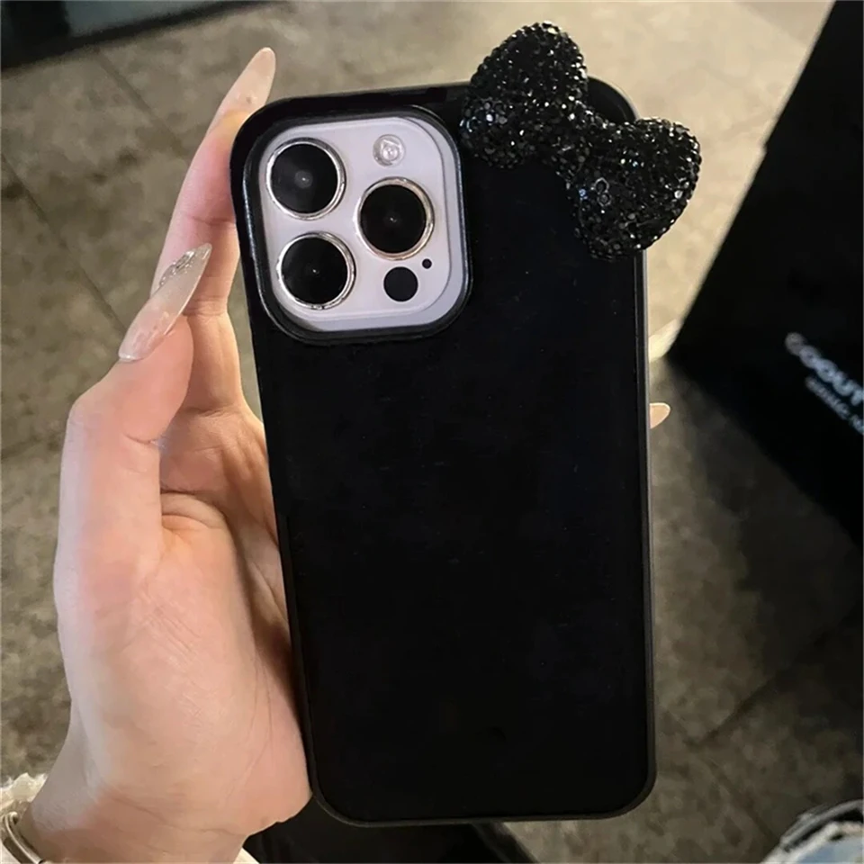 Funda brillante con lazo 3D y diamantes para iPhone 16 15 13 12 11 Pro Max 15 Plus 13 Mini X XR XS 7 8 SE2, estilo coreano, suave y linda 5