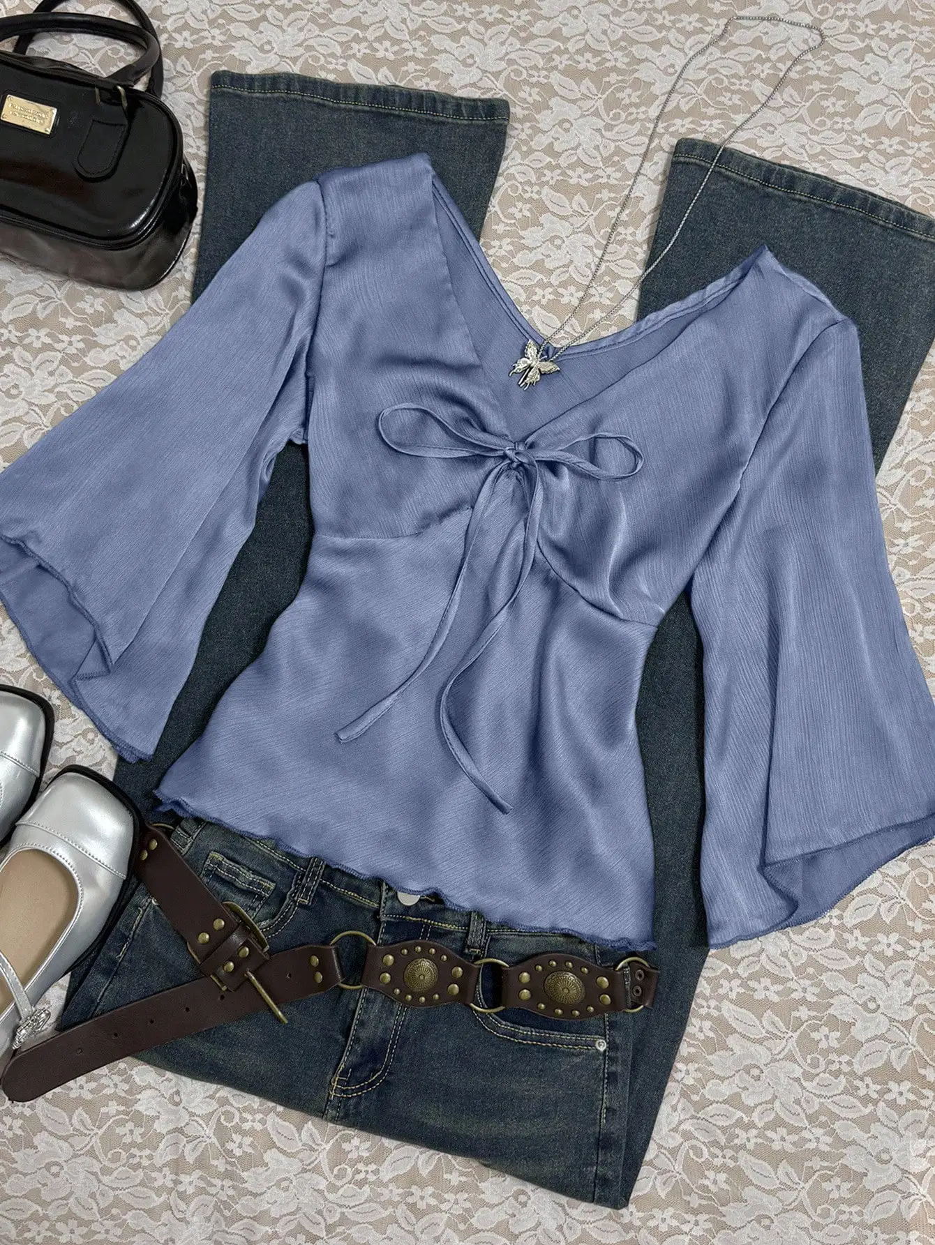 

Elegant Solid Color Tie Front Blouse With Flare Sleeve