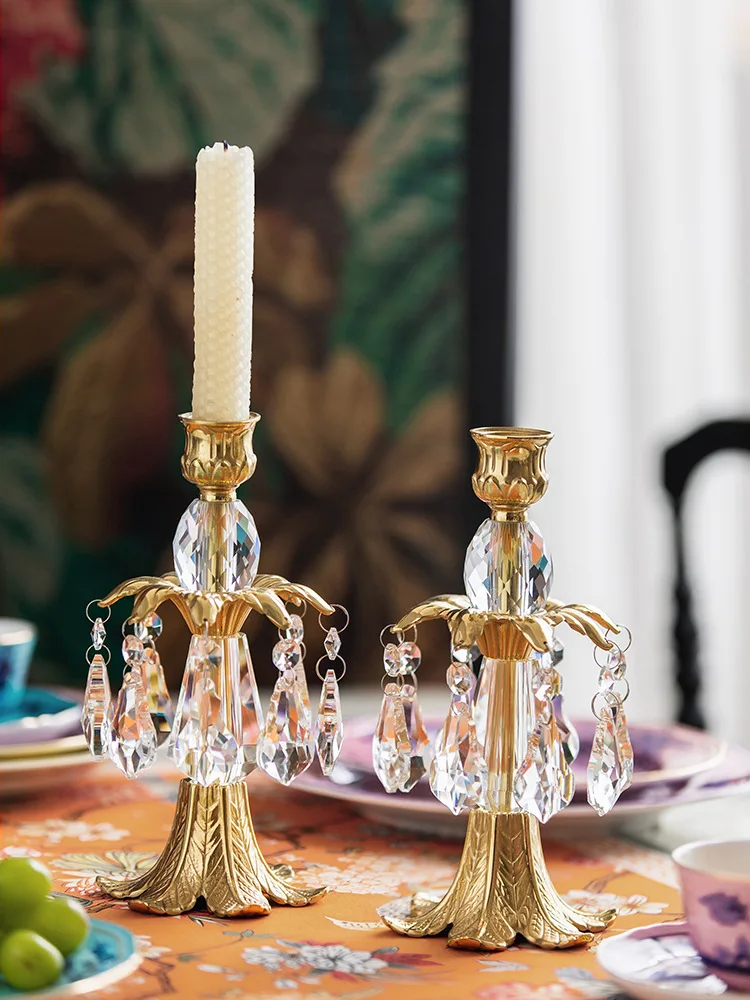 Brass Candle Holder Copper Crystal Candle Stand Antique Taper Candlestick for Home Hotel Wedding Center Table Decoration