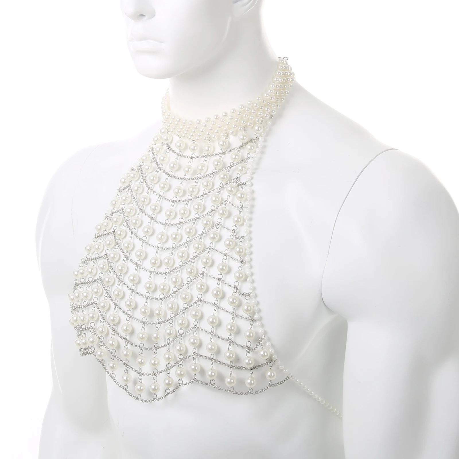 

Мужской сексуальный укороченный топ с имитацией жемчуга, в стиле бохо, с лямкой через шею, цепочкой на грудь, для вечеринок и ночных клубов