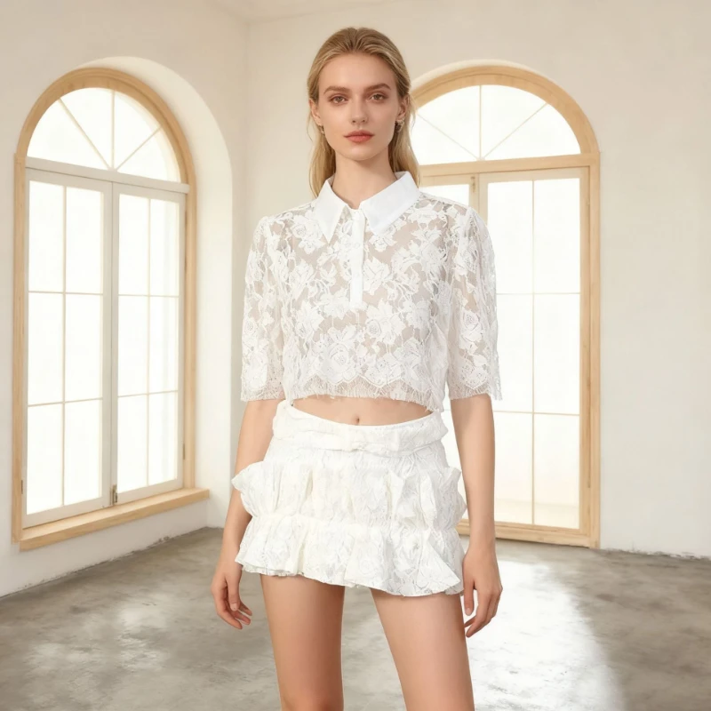 

French Sexy Lace Hollow Out Embroidered Women's Short Shirt Top 2026 New White Pleated Versatile Skirts Two-piece Sets Ladies