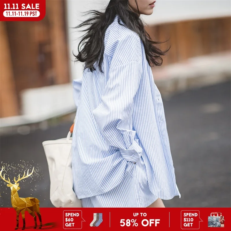 

Maden Women's Blue White Striped Shirt and Shorts Sets Loose Casual French Classic Summer Suit Elegant Matching Two Piece Set