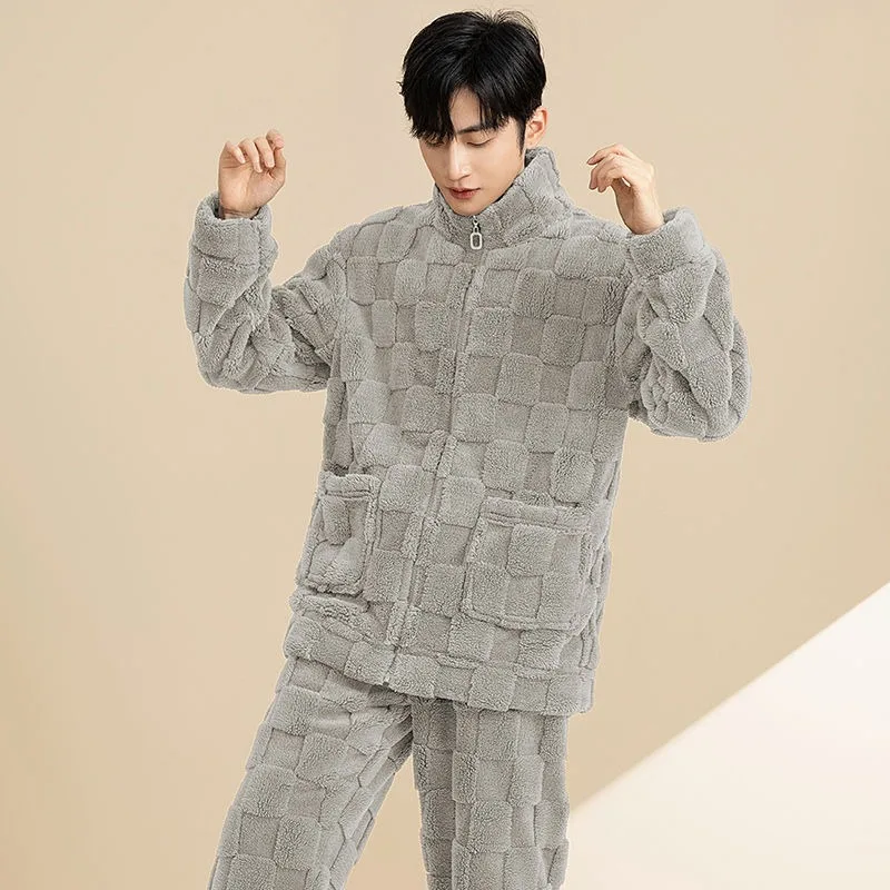 Male Autumn Winter Sleepwear Men's Coral Velvet Pajamas Zipper Thicken Plush Flannel Home Clothing Set Fashion Loungewear Suit