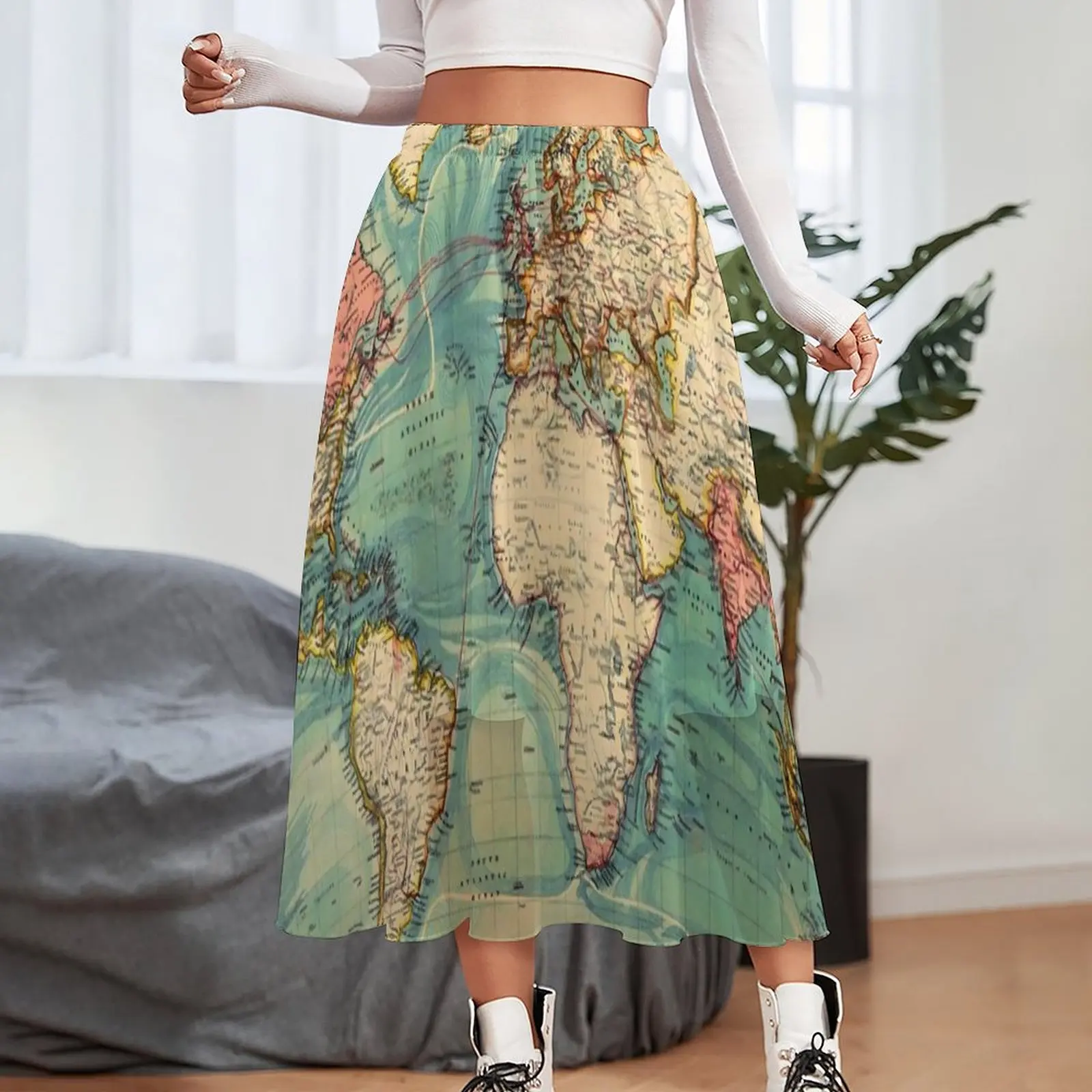 World Map Skirt Vintage Map of The World 1883 Modern Boho Skirts Elastic Waist Design Y2K Casual Skirt Big Size 2XL 3XL