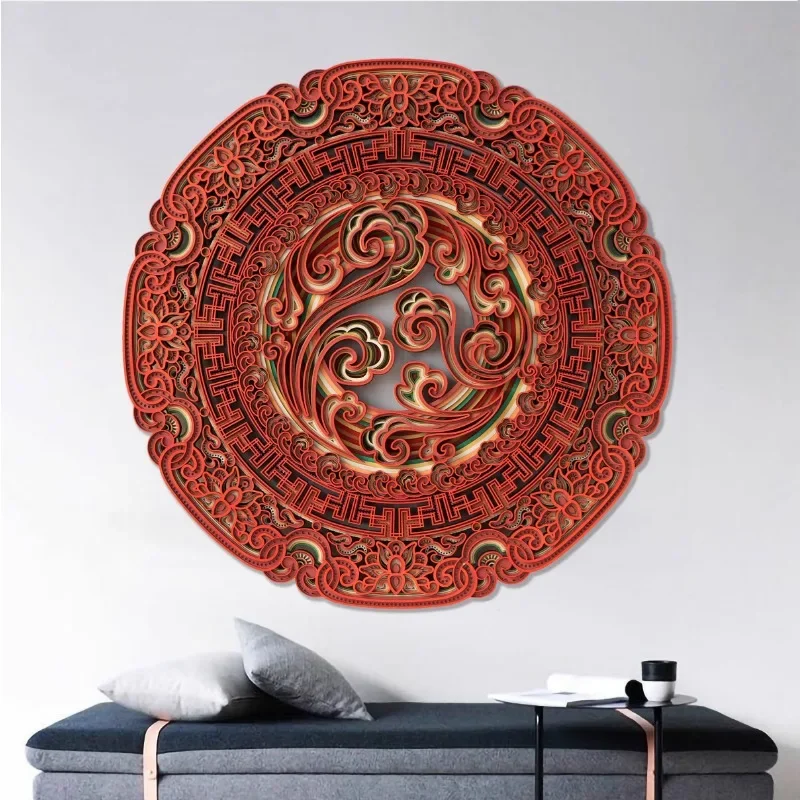 Ladder wood stacked carving creative wood new Chinese wall decoration wall decoration round three-dimensional dining room living