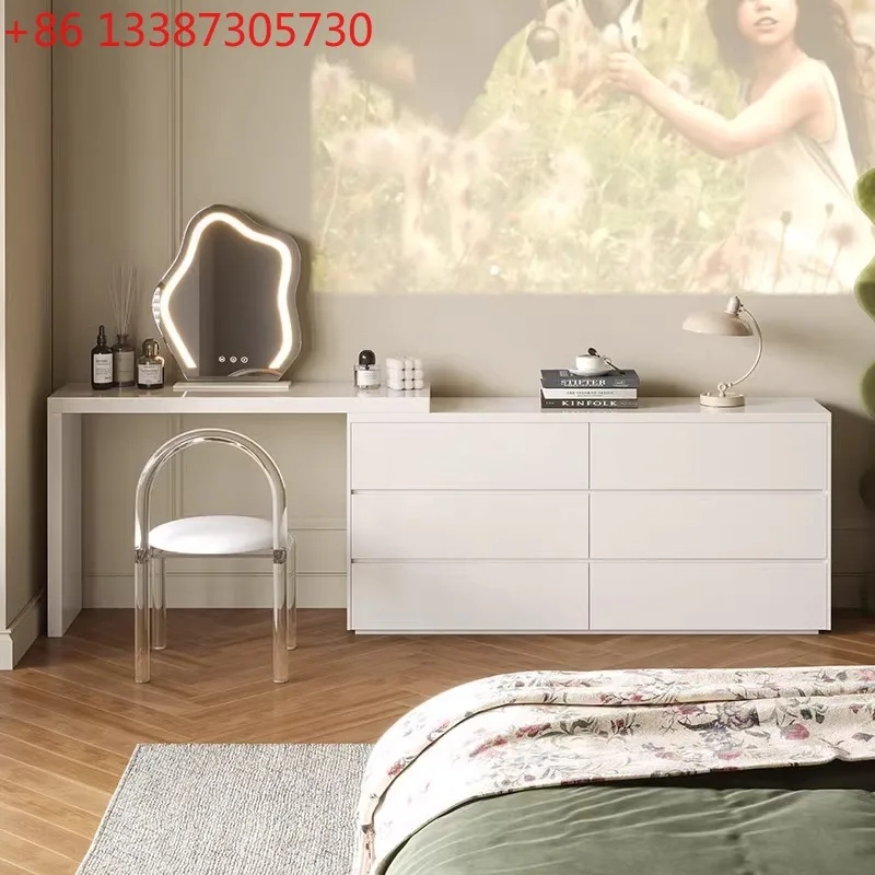 

All solid wood cream style dresser storage cabinet desk integrated bedroom retractable makeup table