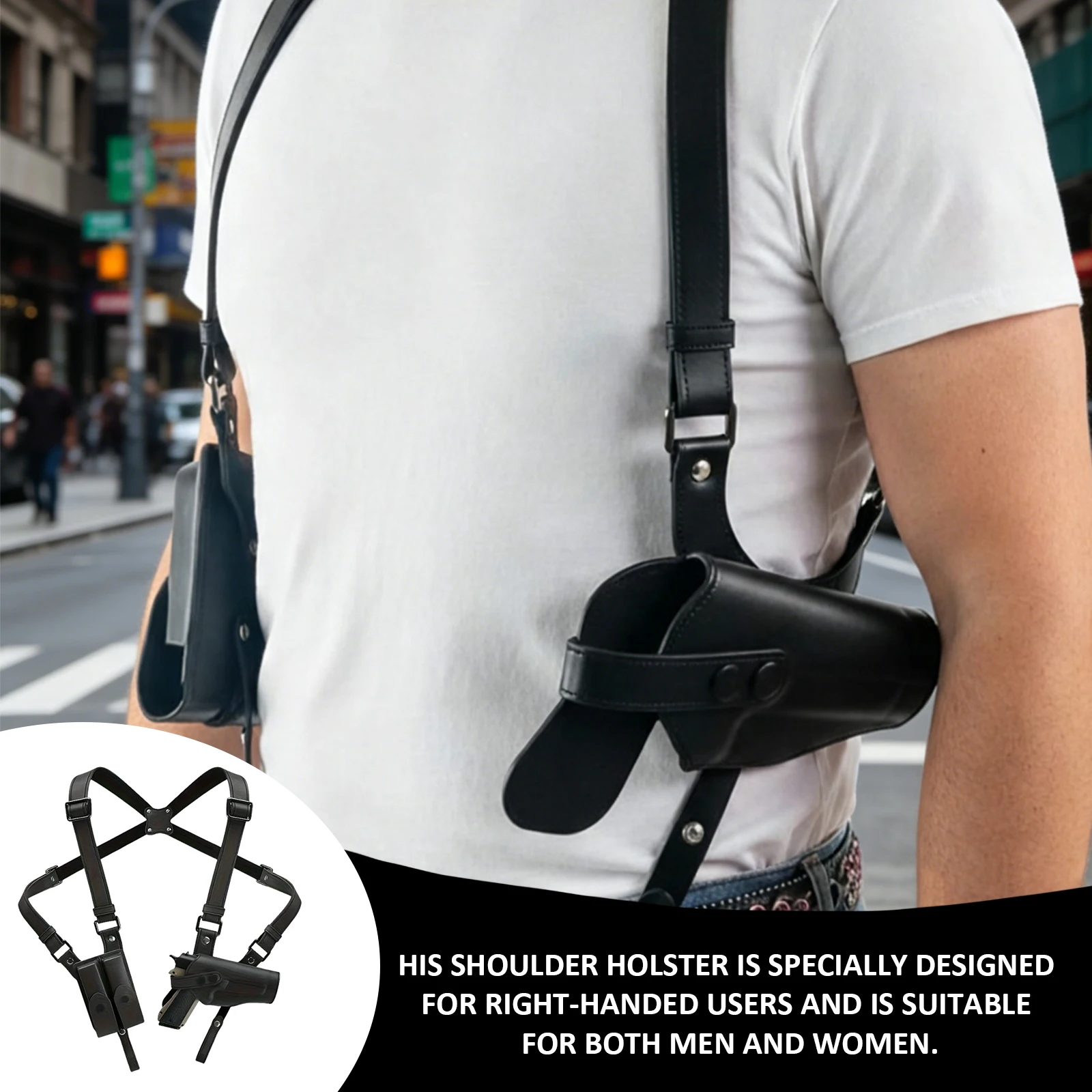 

Leather Stealth Pistol Holster with Double Magazine Pouch Adjustable Vertical Concealed Holster Fit 1911 92 92G Most Kinds of Pistols (Black)