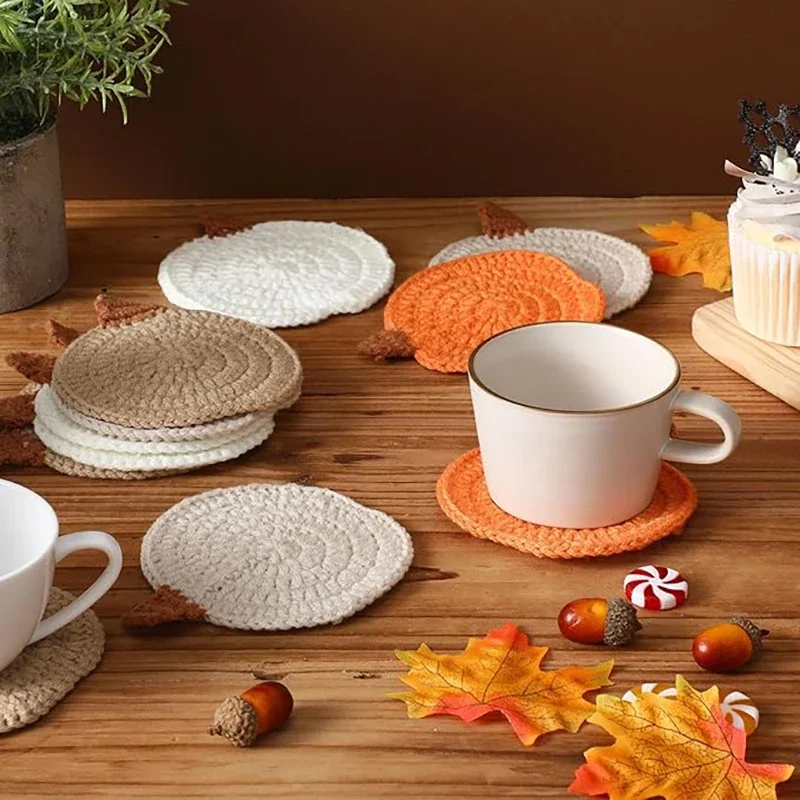 4Pcs Hand Woven Pumpkin Coasters Set Heat Resistant Drink Cup Mat Autumn Farmhouse Style Desktop Decor - Detail 1