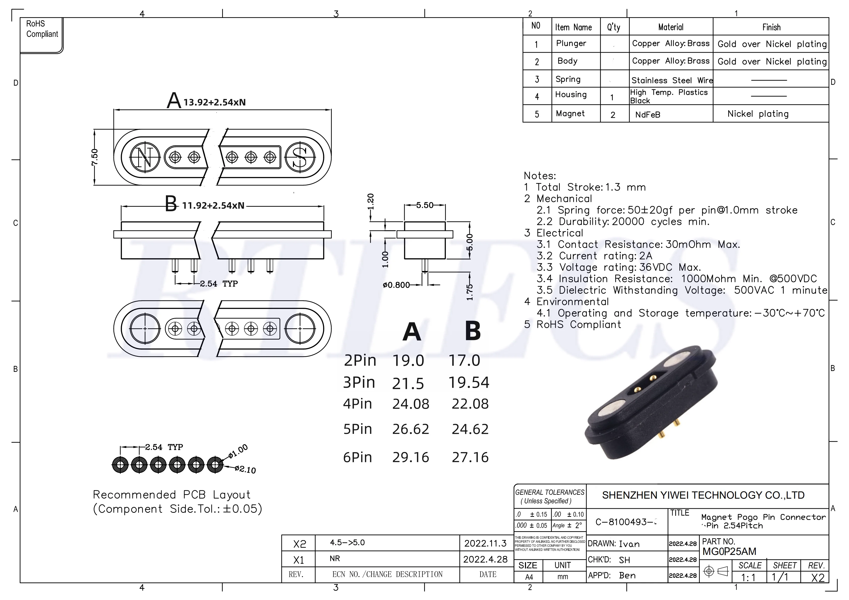 1/5 Paar 2A wasserdichter magnetischer Pogo-Pin-Stecker 2, 3, 4, 5, 6 Positionen Pogopin männlich weiblich 2,54 mm federbelastete DC-Steckdose – Detail 3