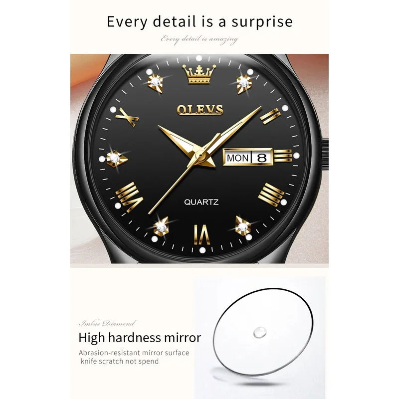 Olevs 여성용 5563 쿼츠 시계, 클래식 레저 스테인레스 스틸, 방수 듀얼 캘린더, 럭셔리 숙녀 시계