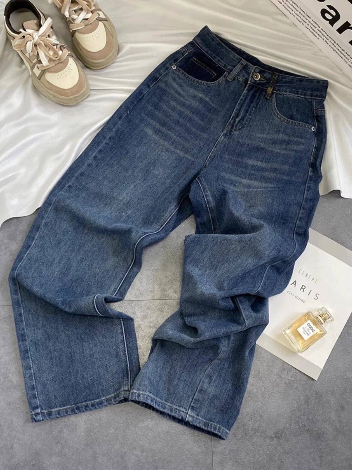 

American Sle Straight Leg Men's Jeans Autumn Winter New High Street Retro Trendy Brand Design Sense Splicing Loose Casual P...