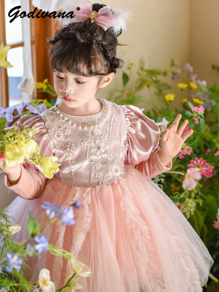 Sweet Baby Girls High End Heavy Elegant Lolita Princess Dress Kids 2026 Summer New Luxury Pearls Sequin Birthday Tulle Ball Gown
