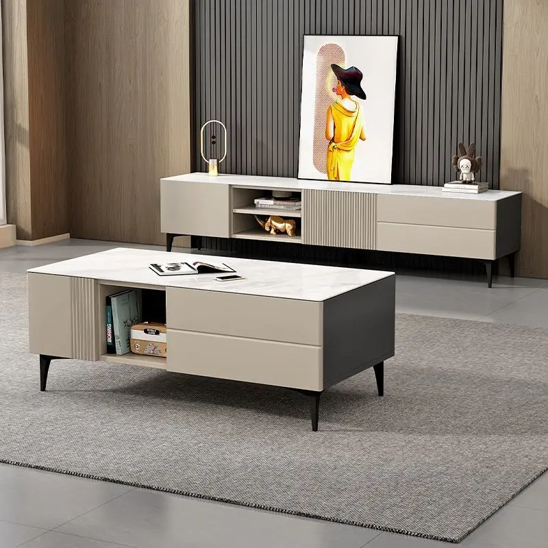 Simple floor-to-ceiling coffee table TV cabinet set Light luxury living room Small apartment package installation Rock slab TV