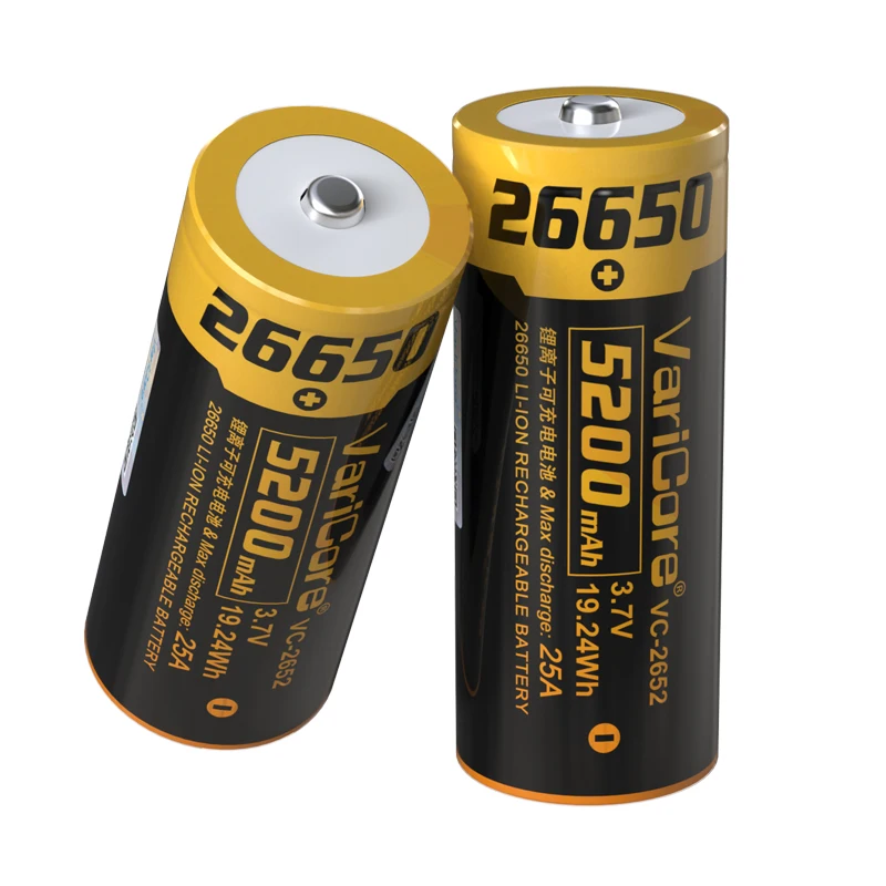 VariCore VC2652 5200mAh 26650 Li-ion 3.7v Rechargeable Battery 25A Discharge 3.6V with Tip for Flashlight Headlight batteries