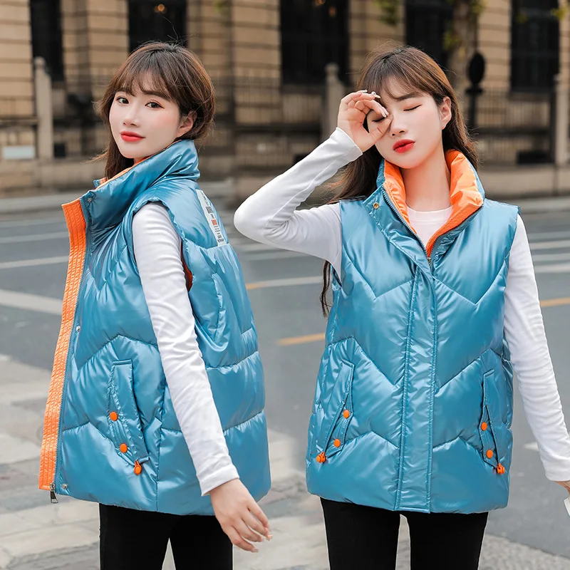 

2023 Autumn Winter Women Vest Coats Glossy Stand Collar Short Vest Jacket Cotton Padded Women Windproof Waistcoat Chaleco Mujer