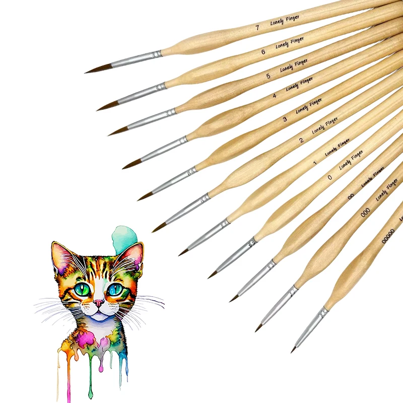 11pcs Premium Miniature Detail Paint Brush Set With Natural Wood Triangle Rod for Watercolor Oil Craft Models Line Painting