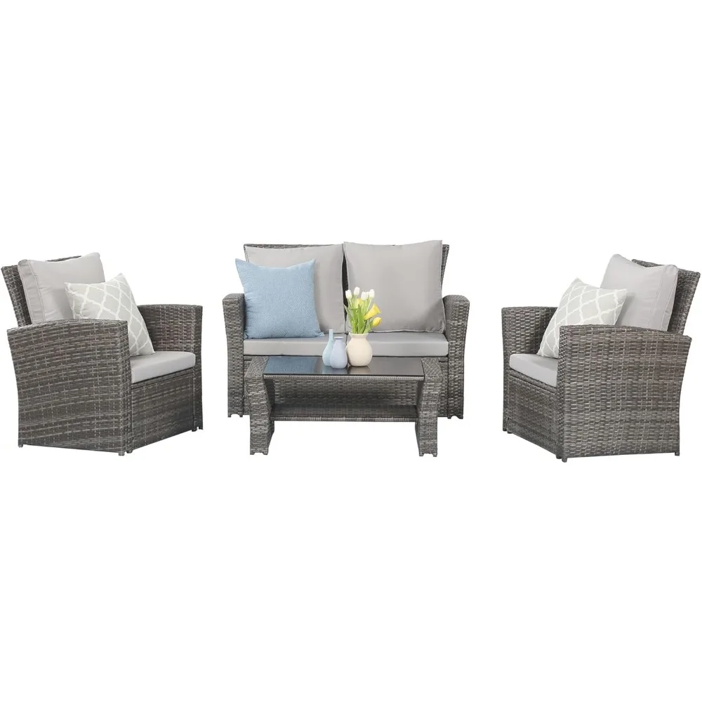 4 Piece Outdoor Patio Furniture Sets Wicker Conversation Set for Porch Deck Gray Rattan Sofa Chair with Cushion