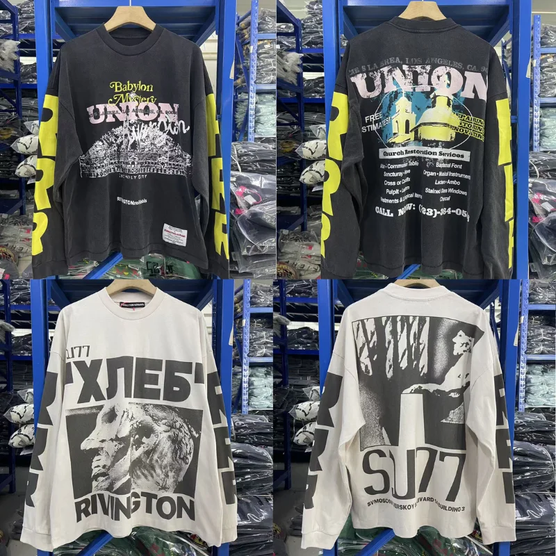 

2025ss осень RRR123 футболки с длинными рукавами High Street для мужчин и женщин хип-хоп повседневные винтажные футболки с принтом