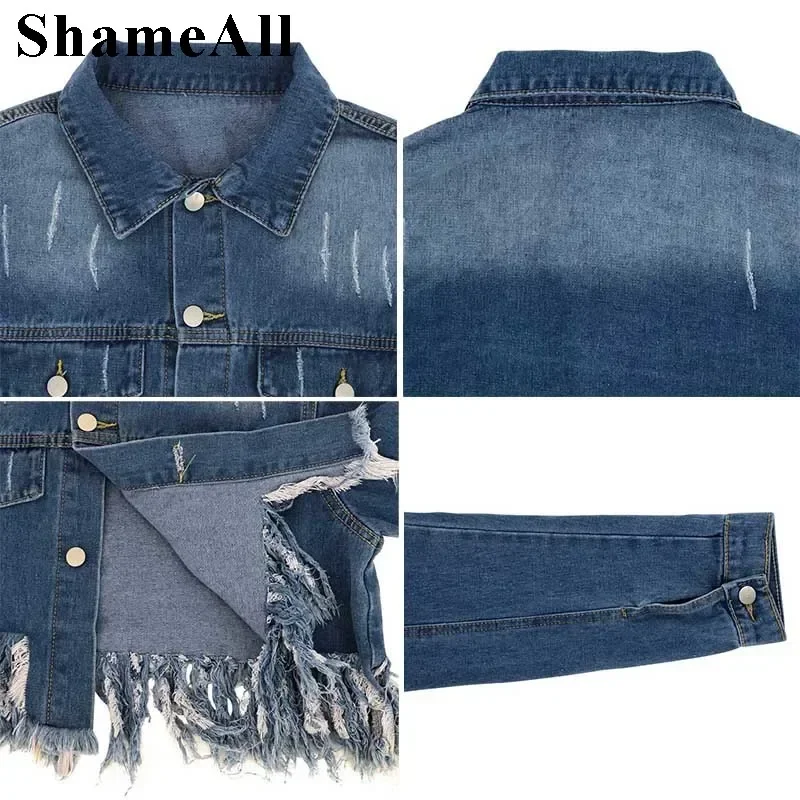 Plus Size Streetwear Fringe Tassel Short Cropped Denim Jacket 5xl Spring Autumn Big Breast Women Distressed Basic Coat Outwear