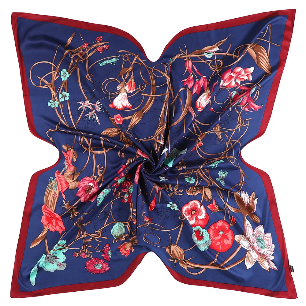 100% Silk Scarf Women Large Shawls 2023 Floral Print Stoles Square Bandana Luxury Melt Kerchief Scarf Female Foulards 130CM