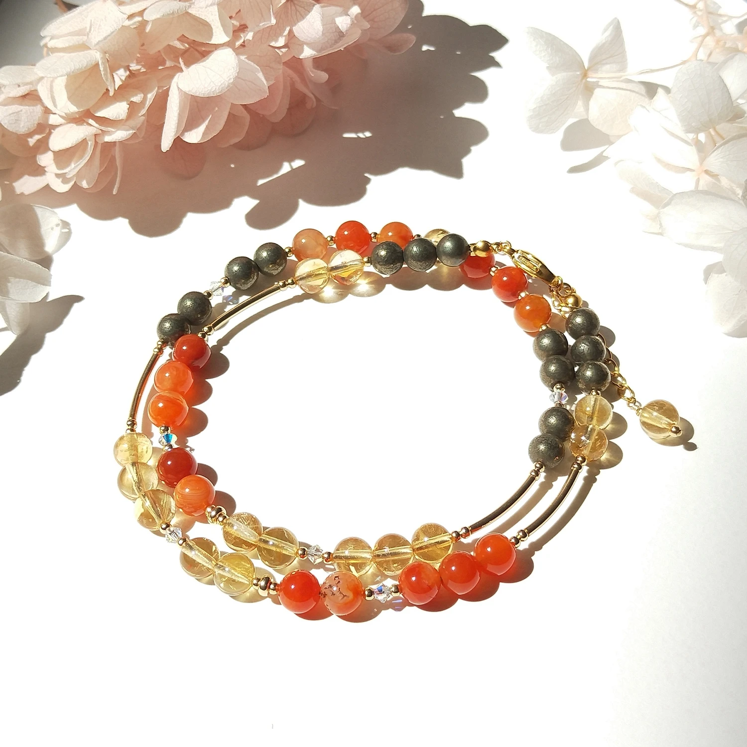 

Lii Ji 6MM Citrine Carnelian Pyrite Natural Stone 14K Gold Filled With Stainless Steel Necklace 45+3cm