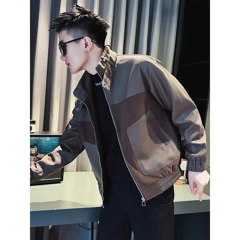 

Cool Men's Biker Leather Jaet Spring Autumn PU Leather ort Coat Sexy Sle Splice Design Motorcycle Top for Young Men