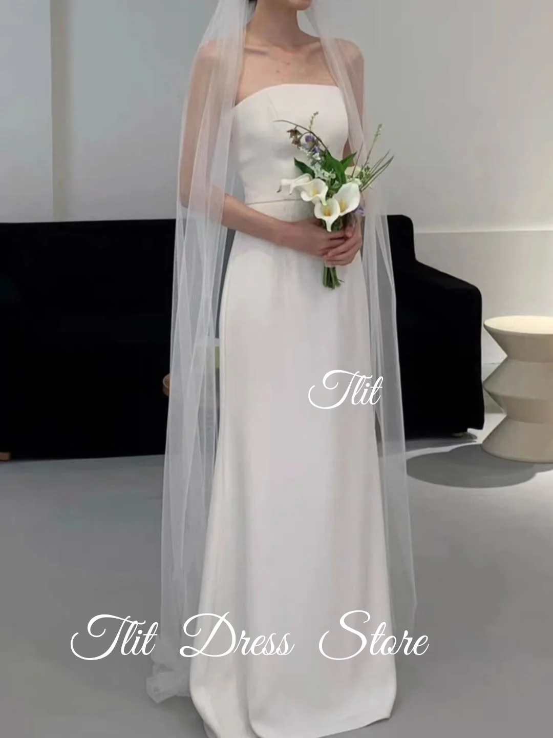 TLIT فستان زفاف أنيق من الساتان الأبيض المطاطي على شكل حرف a مخصص بدون حمالات مشد فستان زفاف كوري فستان الزفاف صور تبادل لاطلاق النار