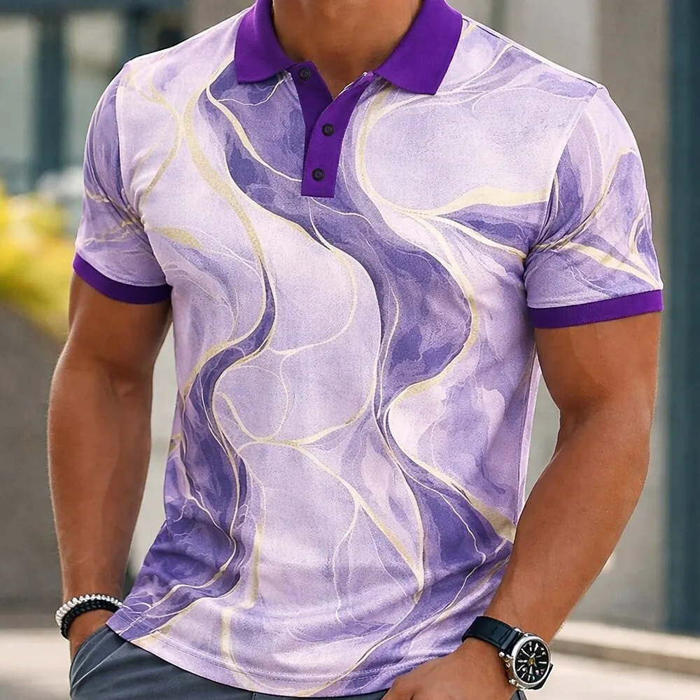 Men's Marble 3D Print Polo Shirts Short Sleeve Collared Button Casual Athleisure Daily Wear for Spring Summer Blue Purple Green